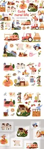 Cute rural life scenes. Farm animals, farmers set