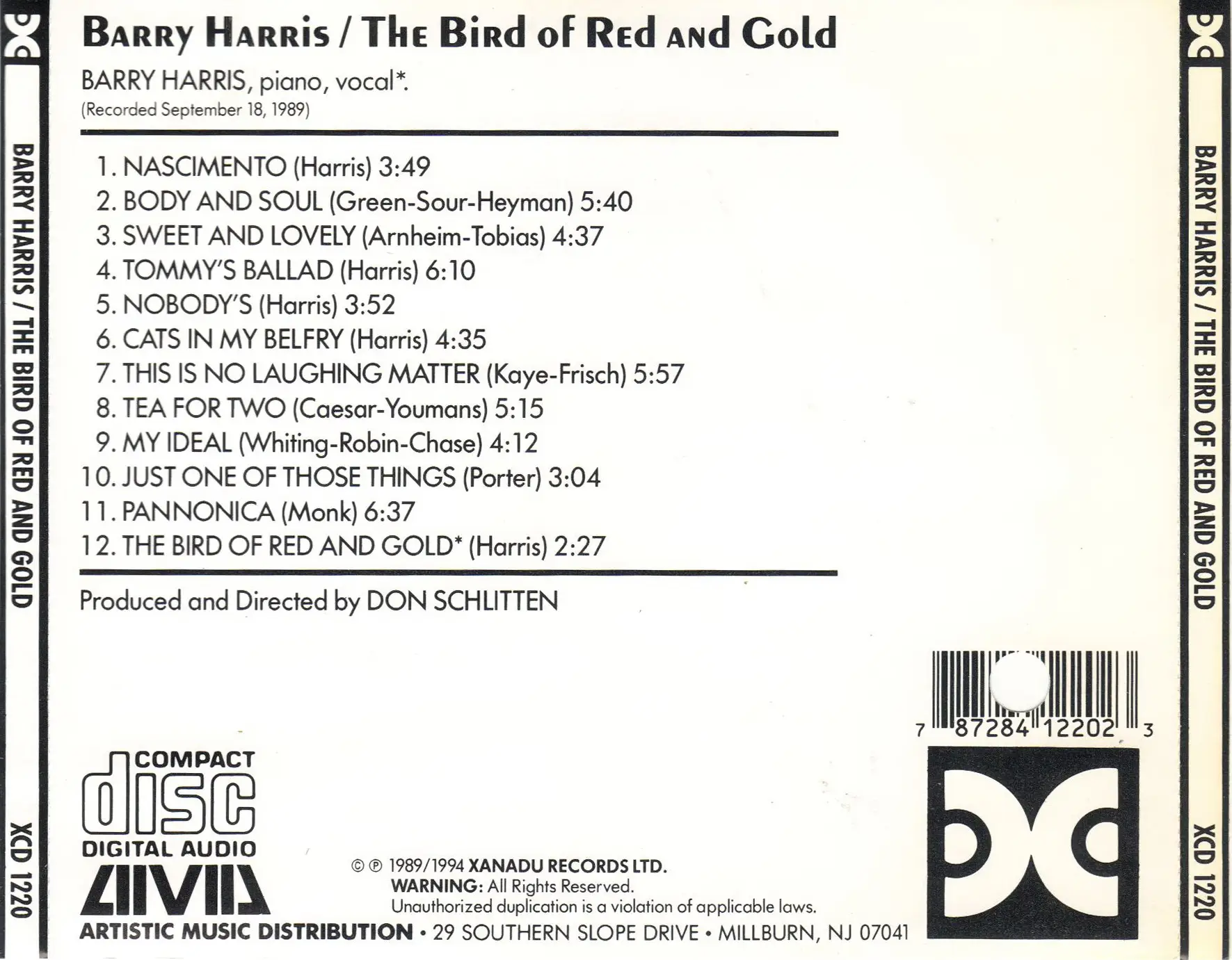 Barry Harris - The Bird Of Red And Gold (1979) {Xanadu Records XCD 1220 rel 1994}