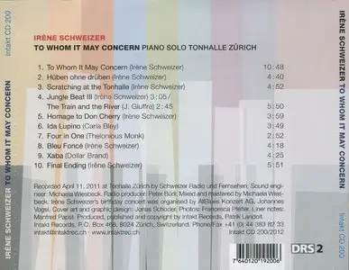 Irene Schweizer - To Whom It May Concern: Piano Solo, Tonhalle Zurich (2012) {Intakt}