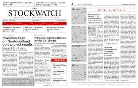 Stockwatch - Canada Daily – July 25, 2018