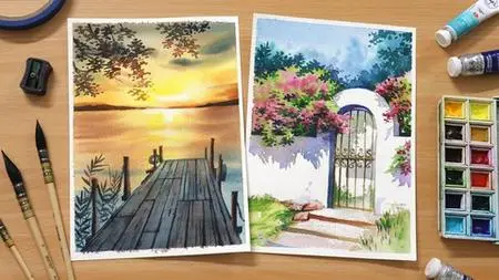 Watercolor Landscapes: Paint A Colorful Garden And Sunset