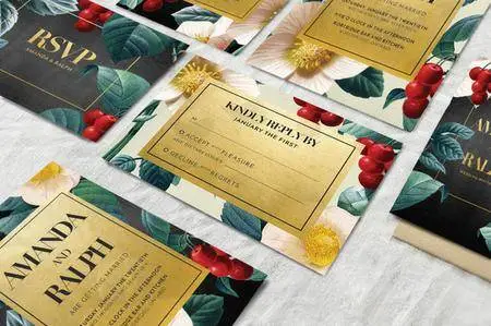 CreativeMarket - Gold Floral Wedding Invitation