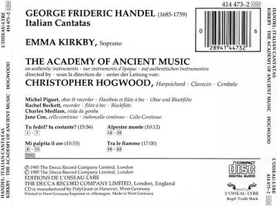 Emma Kirkby, Christopher Hogwood, The Academy of Ancient Music - George Frideric Handel: Italian Cantatas (1985)