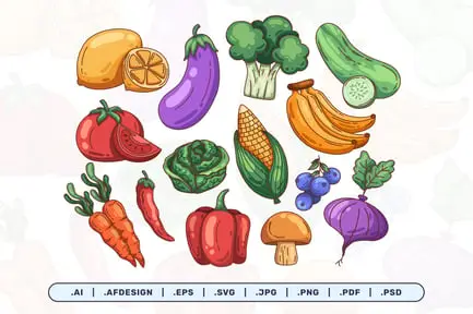 Fresh Fruit and Vegetables Collection Illustration