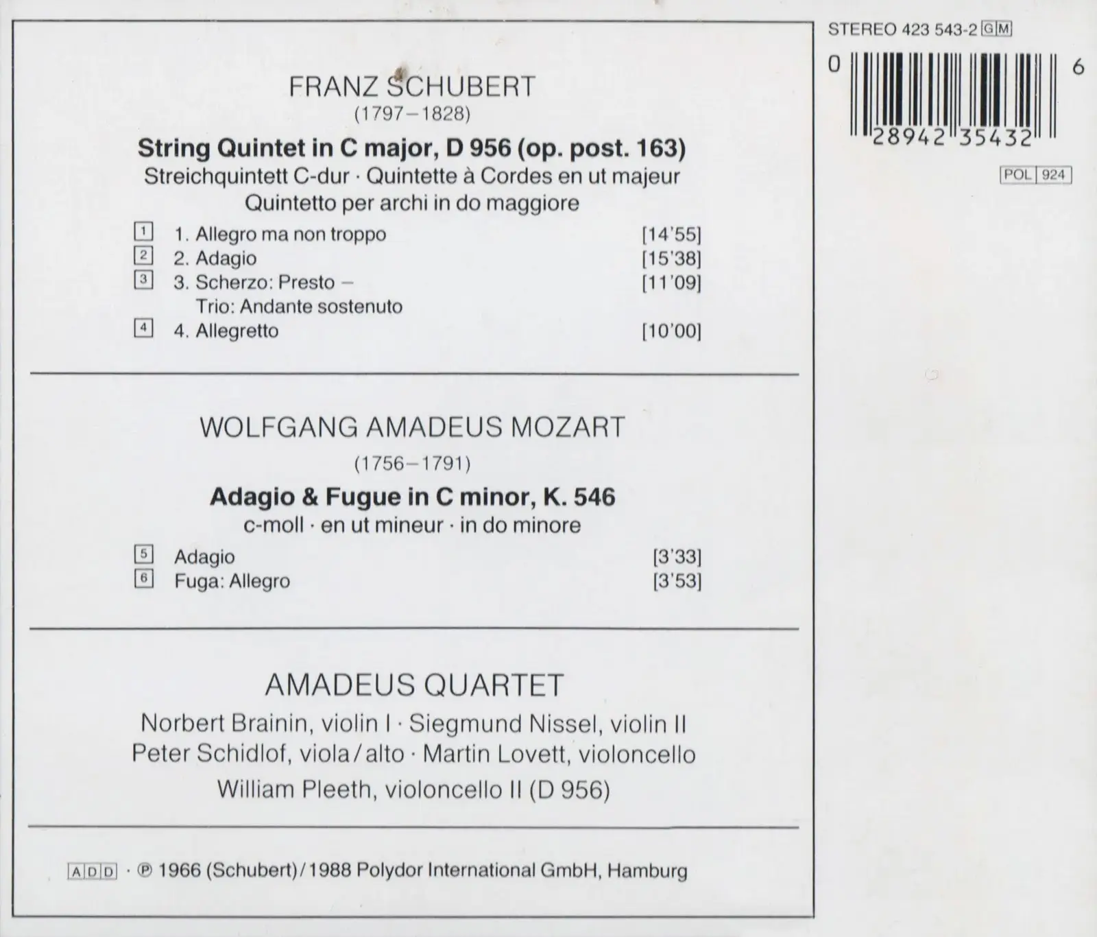 Amadeus Quartet - Schubert: String Quintet, Mozart: Adagio & Fugue in C ...