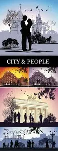 City & People Silhouettes Vector