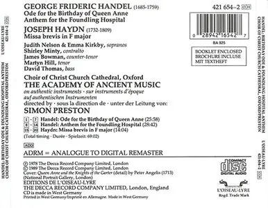 Handel / Haydn - Emma Kirkby / The Academy of Ancient Music - Ode for the Birthday of Queen Anne, Missa (1978, CD reissue 1989)