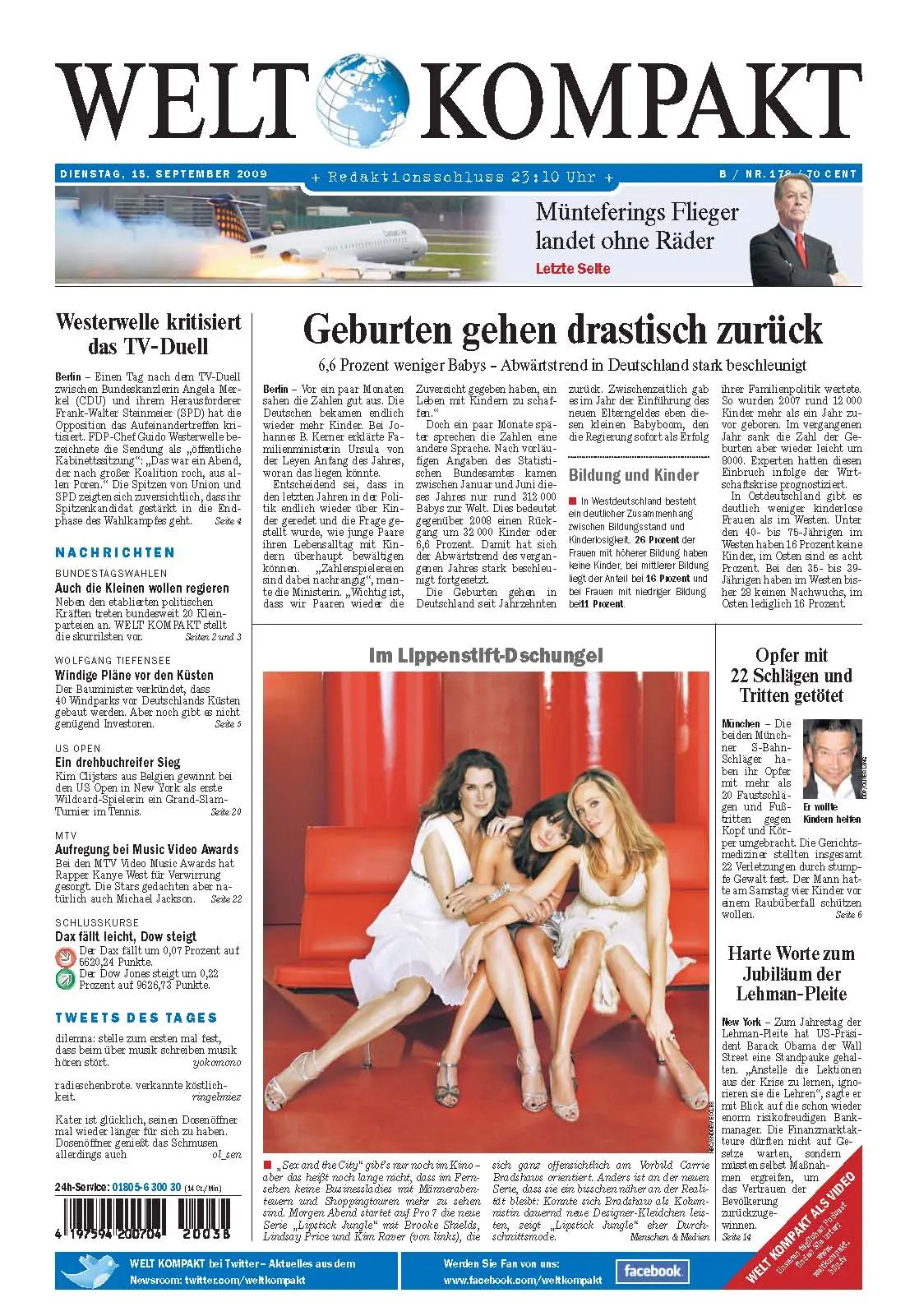 Die Welt kompakt vom 15. September 2009