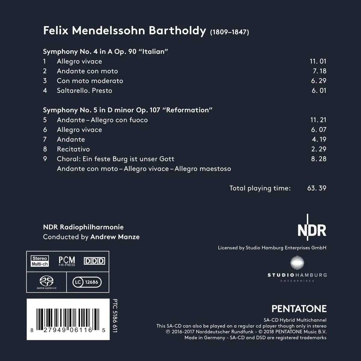 NDR Radiophilharmonie & Andrew Manze - Mendelssohn: Symphonies Nos. 4 & 5 (2018)