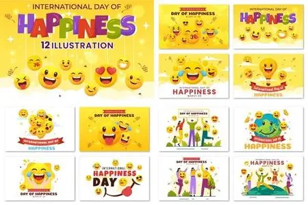 International Day of Happiness - 12 Illustrations Pack