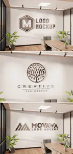 AS - Logo Mockup on Office Wall with 3D Glossy Metal Effect 454627634