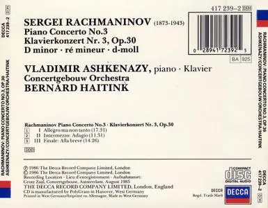 Vladimir Ashkenazy, Bernard Haitink, Concertgebouw Orchestra - Rachmaninov: Piano Concerto 3 (1986)