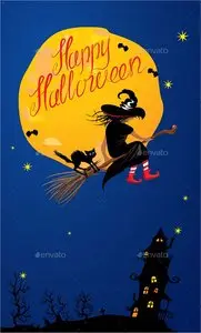 GraphicRiver Card of Halloween Night - Witch and Black Cat