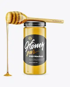 Clear Glass Honey Jar with Wooden Dipper Mockup 79176