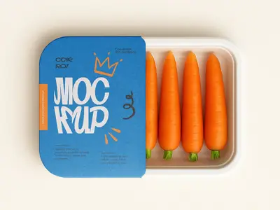 Food Tray Packaging Mockup - Realistic Fresh Carrot Container with Label Design 1666885411