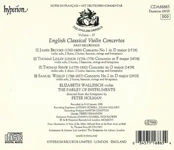 Elizabeth Wallfisch, The Parley of Instruments, Peter Holman - English Classical Violin Concertos (1996)