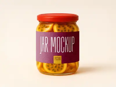 Passion Fruit Jar Mockup - Realistic Food Packaging Template 1702684086