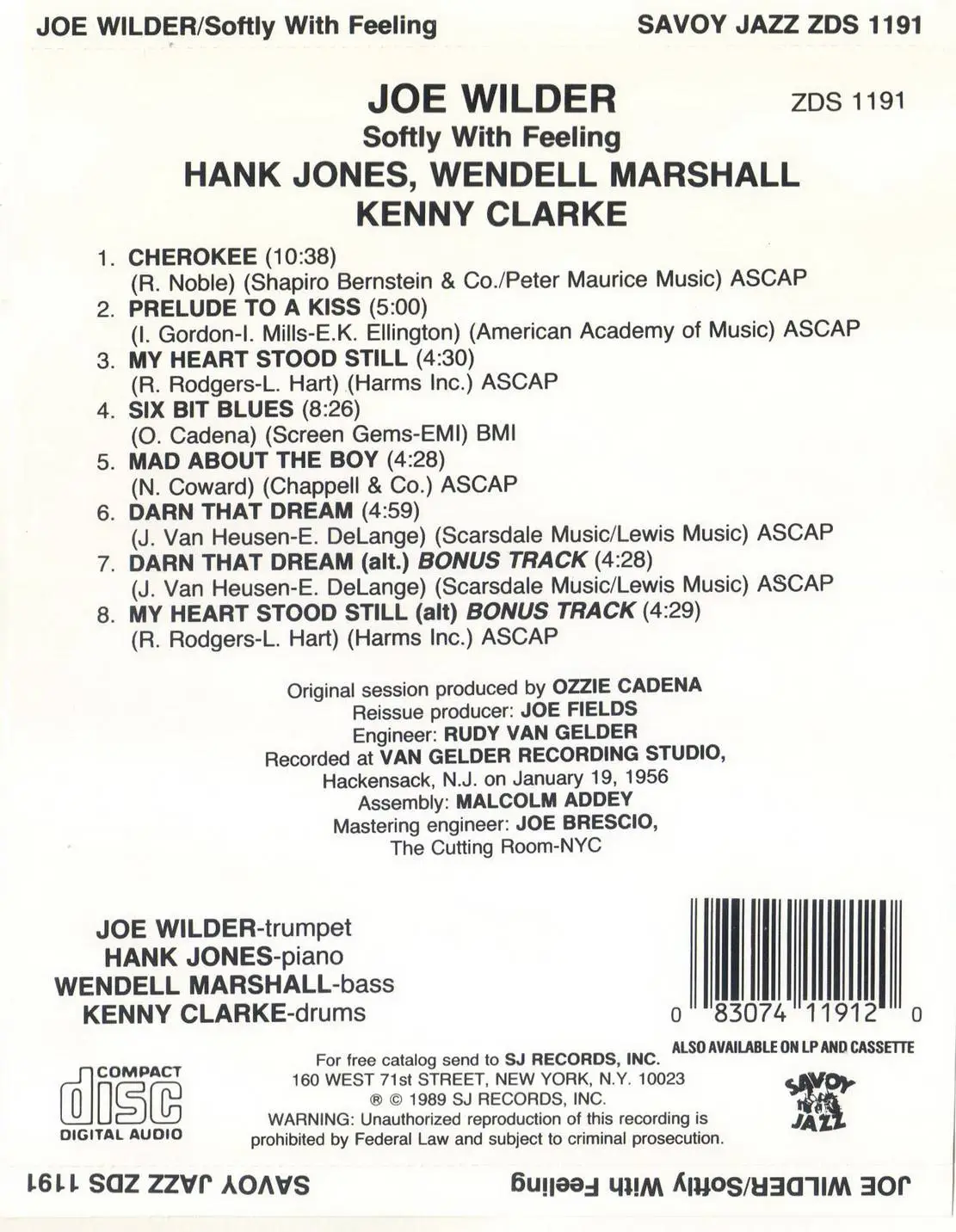 Joe Wilder - Softly With Feeling (1956) {Savoy Jazz ZDS 1191, Early Press, rel 1989}