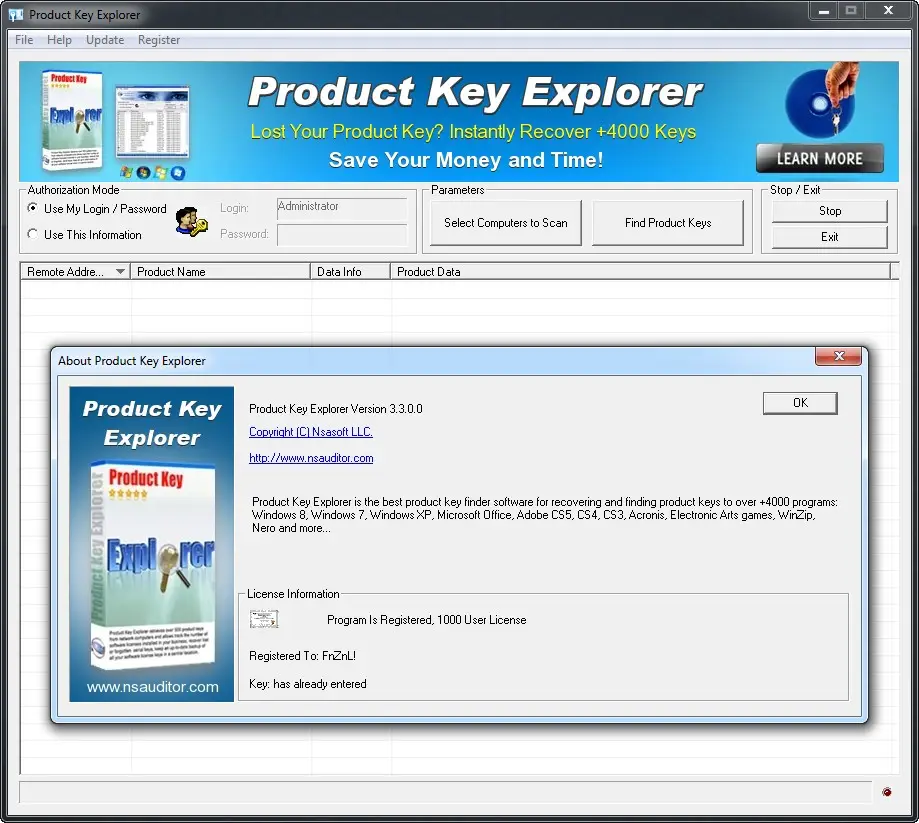 NSAuditor Product Key Explorer 3.3.0.0