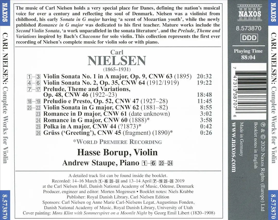 Carl Nielsen - Complete Works for Violin Solo & Violin and Piano - Andrew Staupe & Hasse Borup (2020) {Naxos 8.573870}