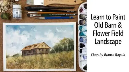 Old Barn and Flower Field Landscape Painting in Watercolor