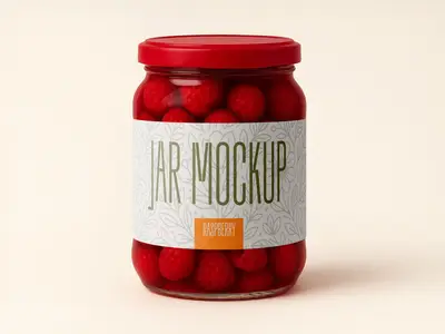 Raspberry jar mockup - realistic glass container with lid for packaging and branding design 17026...