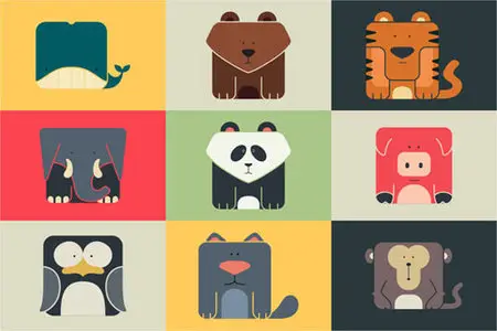 Creativemarket - Set flat square icons of a animals