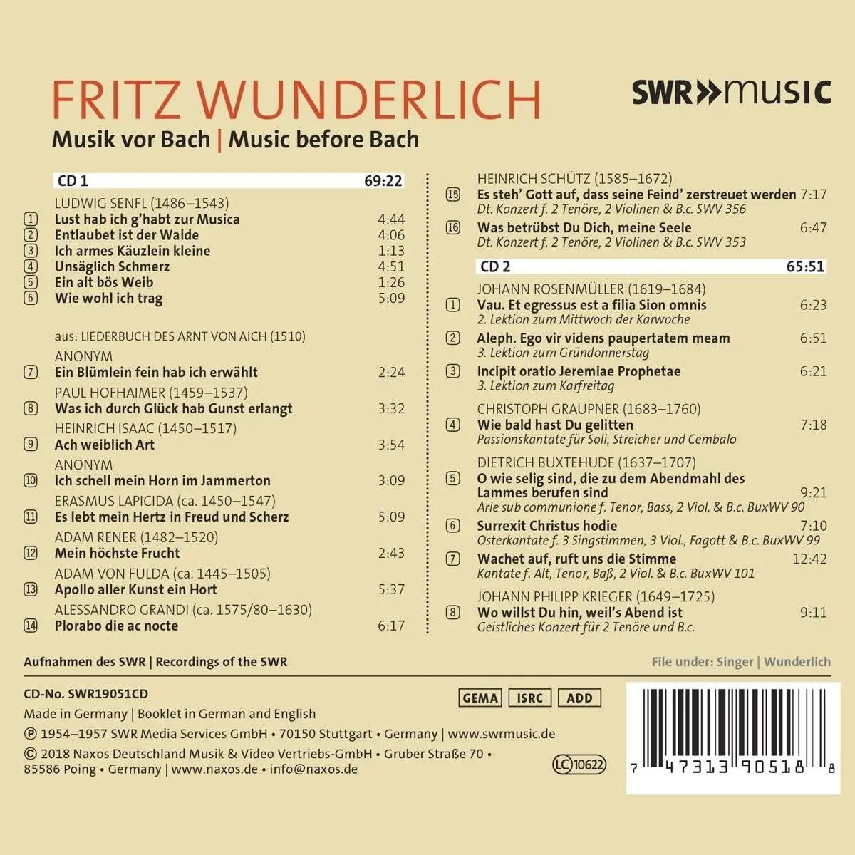 Fritz Wunderlich - Music Before Bach (2018)