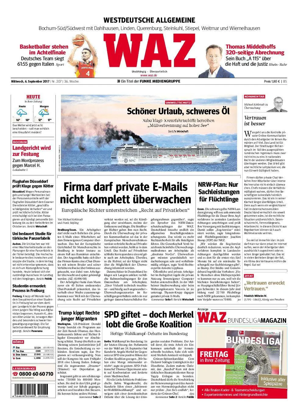 WAZ Westdeutsche Allgemeine Zeitung Bochum-Süd - 06. September 2017