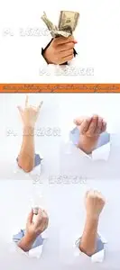 Hand symbol breaking through the hole in white background photo