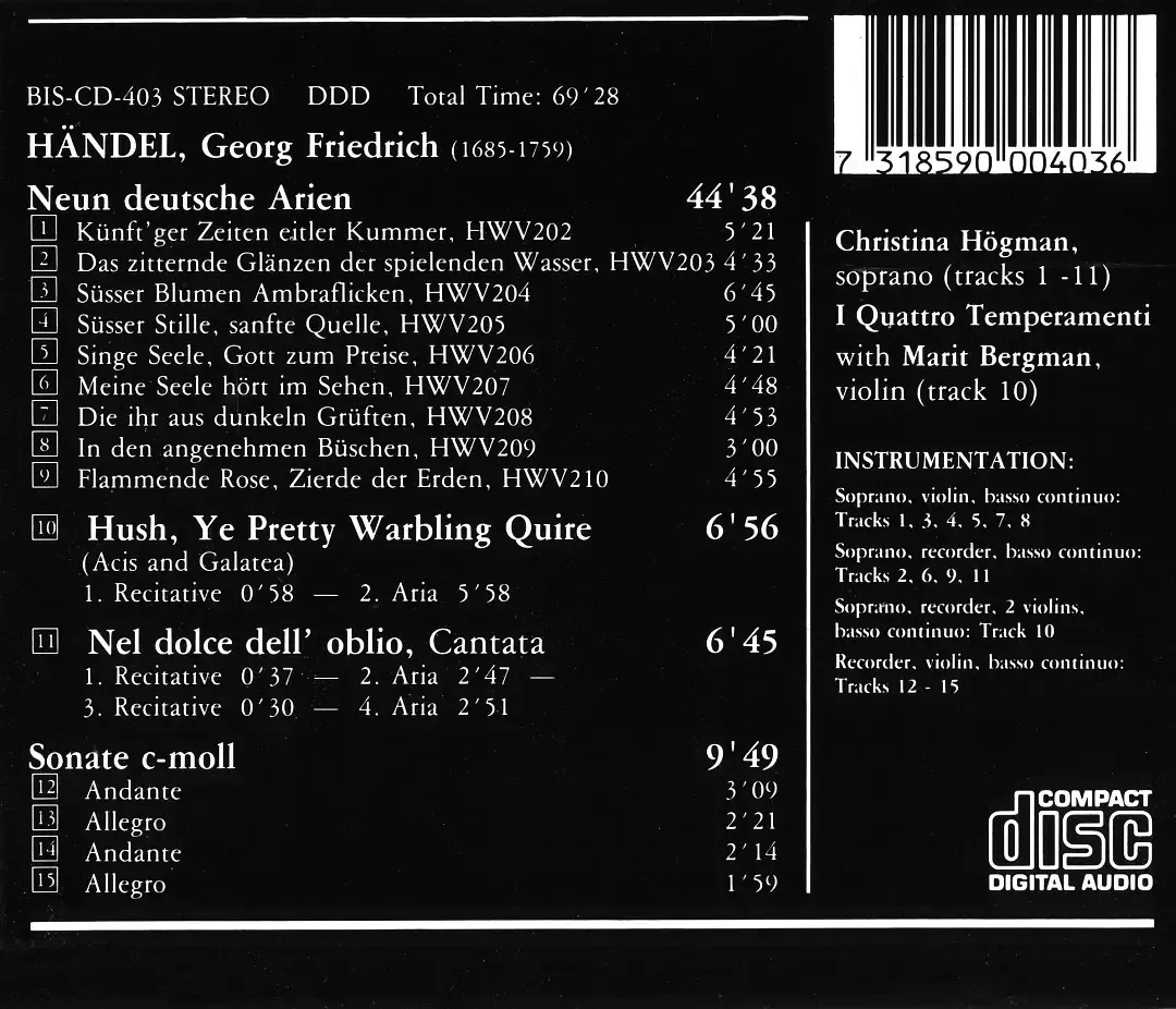 Christina Hogman, I Quattro Temperamenti - Handel: Vocal and Instrumental Chamber Music (1989)