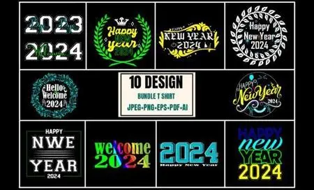 Happy New Year 2024 - 10 T-shirts Vector Design Templates