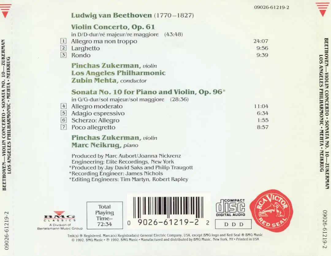 Pinchas Zukerman, Marc Neikrug, Zubin Mehta Beethoven Violin Concerto, Violin Sonata No. 10