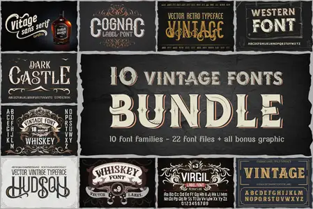 10 Vintage Font Family Bundle - 22 Premium Fonts