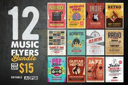 CreativeMarket - 12 Indie Music Flyers Bundle