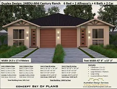 Duplex Design: 248DU-Mid Century Ranch - 6 Bedroom 4 Bathrooms Dual Family House Plans