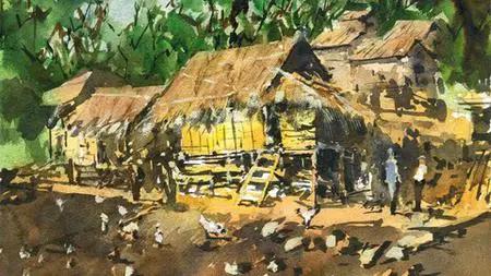 Village Huts In Watercolour: Laos