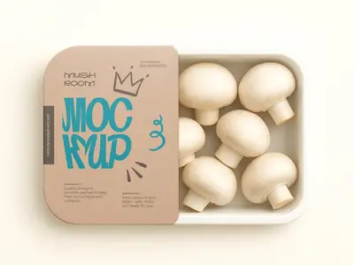 Food Tray Packaging Mockup - Realistic Fresh Mushroom Container with Label Design 1668385852