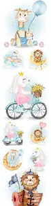 Cute bunny, lion and giraffe funny watercolor illustrations
