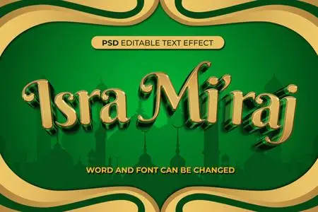 PSD text effect isra miraj green gold 3d