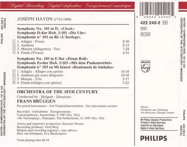 Haydn - Symphonies Nos. 101 "The Clock" & 103 "Drum Roll" - Orchestra of the 18th Century - Frans Brüggen (1988)