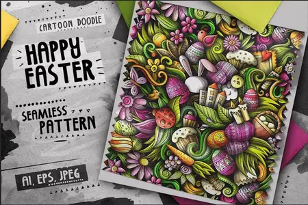 EE - Happy Easter Doodle Cartoon Seamless Pattern 5X62FBA