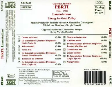 Sergio Vartolo, Cappella Musicale di S. Petronio di Bolog - Giacomo Antonio Perti: Lamentations, Liturgy for Good Friday (1995)