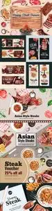 Steak banner design with fried meat, spaghetti watercolor illustrations