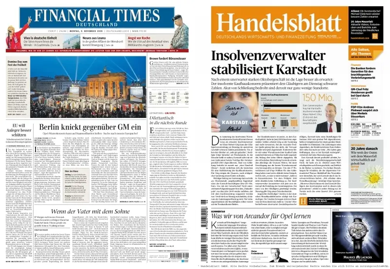 FinancialTimes Deutschland  & Handelsblatt vom 09.11.2009