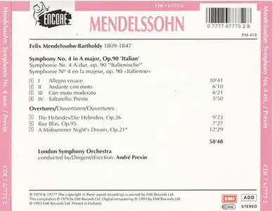 Felix Mendelssohn - London SO / Andre Previn - Symphony No.4 and Overtures (1977-79, CD reissue 1993)