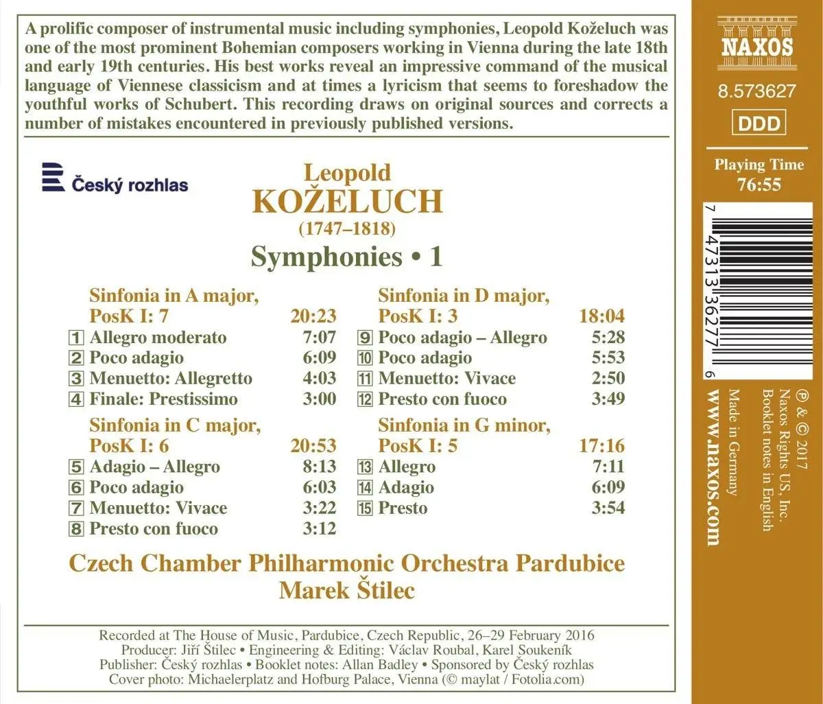 Czech Chamber Philharmonic Orchestra Pardubice & Marek Štilec - Koželuch: Symphonies, Vol. 1 (2017)
