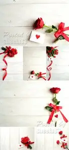 Stock Photo - Flowers on White Wooden Background
