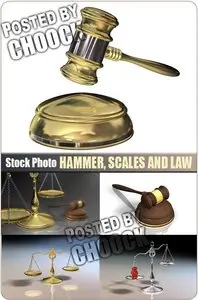Hammer, Scales and Law - Stock Photo