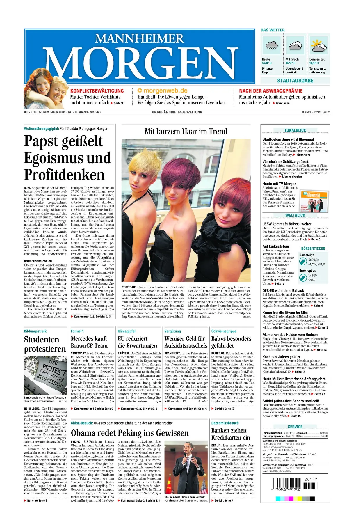 Mannheimer Morgen vom 17. November 2009
